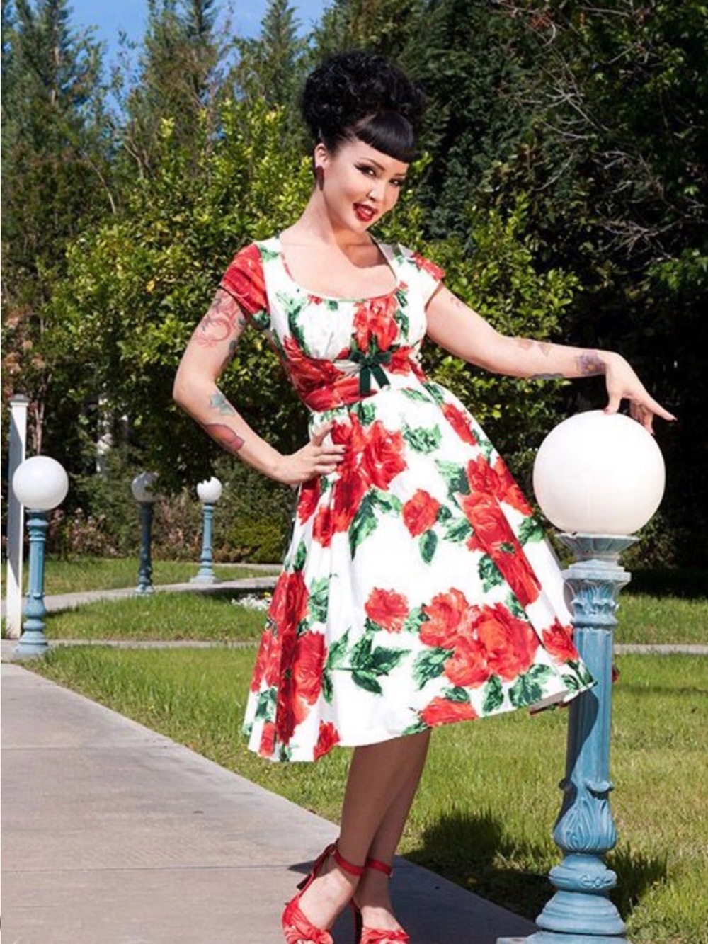 Pinup Couture White Midi Dress with Red Floral Print and Green Leaves